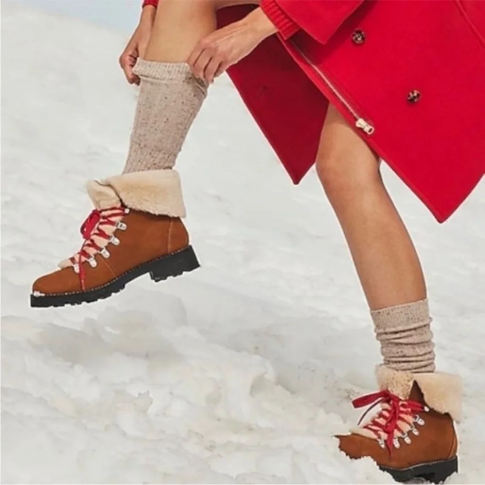 J. Crew Nordic boots pecan brown leather shearling lined red laces women's sz 7